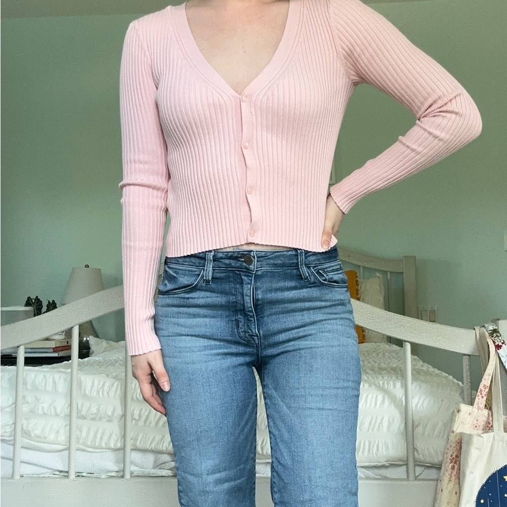 Pink Ribbed V-Neck Cardigan Sweater